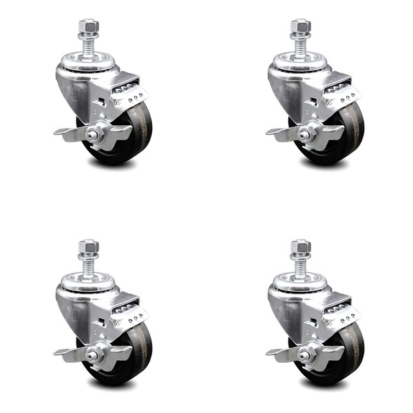 3 Inch Phenolic Wheel Swivel 12mm Threaded Stem Caster Set with Brake SCC